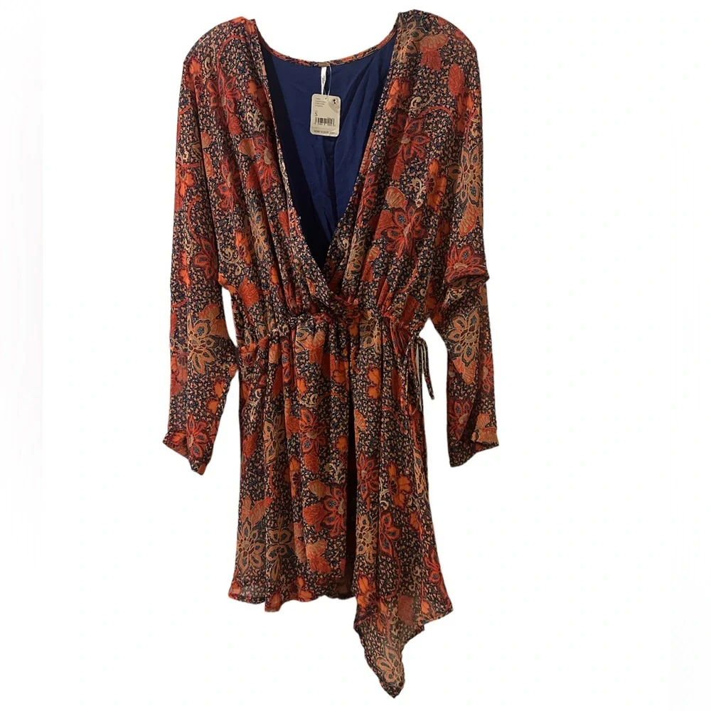 Free People Teegan Floral Faux Wrap Long Sleeve Mini Dress Size S NEW with Tag
